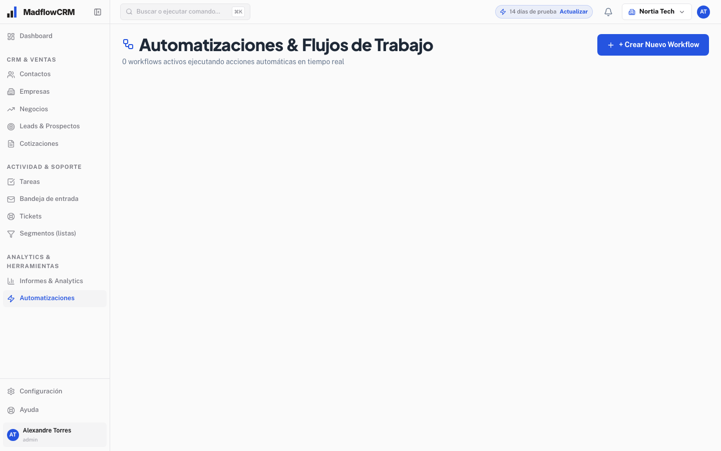 Let a stage change trigger the next action — Madflow CRM view · Example data